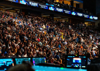 Paul McCartney fans take their seats in a packed Acrisure Arena in Palm Desert, Calif., on Monday, Sept. 29, 2025.