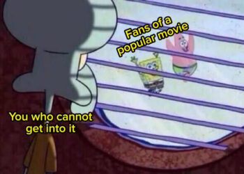 Squidward gazes out a window at SpongeBob and Patrick, who are joyfully playing outside