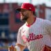 Jul 2, 2025; Philadelphia, Pennsylvania, USA; Philadelphia Phillies outfielder Kyle Schwarber (12) warms up before a game against the San Diego Padres at Citizens Bank Park. (Credit: Grace Del Pizzo-On Pattison)