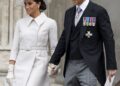 Prince Harry, Duke of Sussex and Meghan, Duchess of Sussex, attend a National Service of Thanksgiving for the Queens reign at St Pauls Cathedral on June 3, 2022. There were cheers but also boos from the crowds at the church