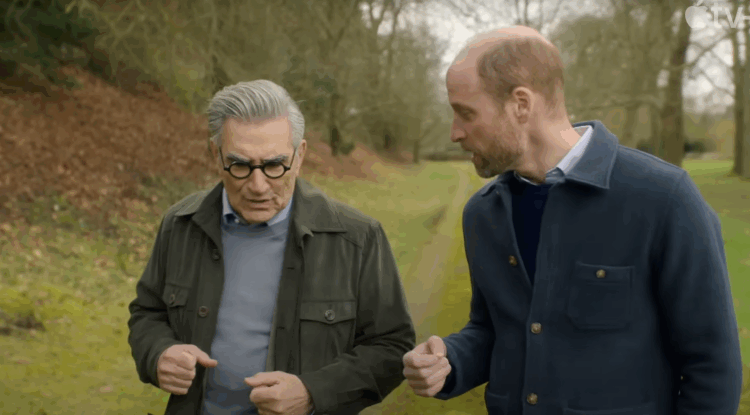 Prince William (right) and Eugene Levy (left) walk down a path in this screenshot from the trailer for the third season of “The Reluctant Traveler with Eugene Levy.