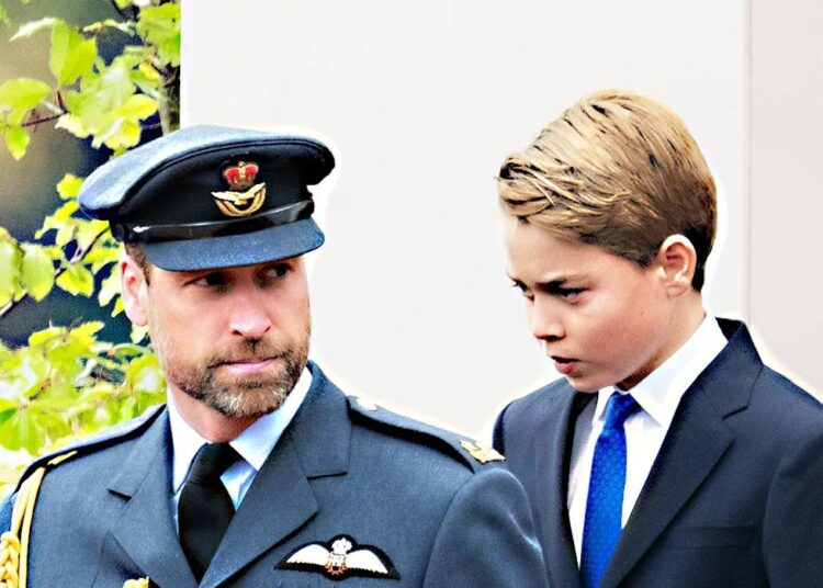 Prince William in uniform walking ahead of his son Prince George at VE Day in London.