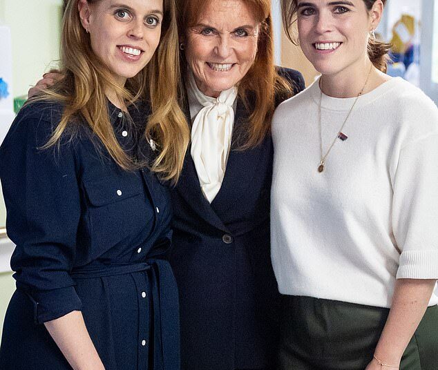 Princesses Beatrice and Eugenie have been left in a 'very difficult' position over their upcoming Christmas plans, a royal author has claimed. Pictured, the sisters with their mother, Sarah Ferguson, in London in April 2025