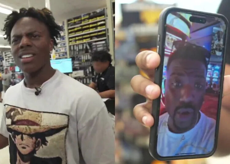 IShowSpeed in a store wearing a graphic t-shirt, with a phone showing a video call featuring Ray J.