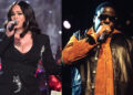 Faith Evans singing on stage, wearing a black outfit. The Notorious B.I.G. performing with a microphone, in a brown and black jacket.