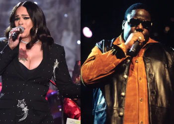 Faith Evans singing on stage, wearing a black outfit. The Notorious B.I.G. performing with a microphone, in a brown and black jacket.