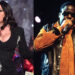 Faith Evans singing on stage, wearing a black outfit. The Notorious B.I.G. performing with a microphone, in a brown and black jacket.