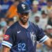 Jul 11, 2025; Kansas City, Missouri, USA; Kansas City Royals starting pitcher Michael Wacha (52) reacts after walking in a run against the New York Mets in the third inning at Kauffman Stadium. Mandatory Credit: Denny Medley-Imagn Images