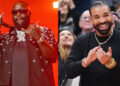 Rick Ross performing on stage in a star-patterned shirt, and Drake smiling and clapping at a sports event.