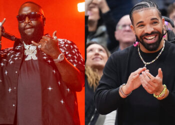 Rick Ross performing on stage in a star-patterned shirt, and Drake smiling and clapping at a sports event.