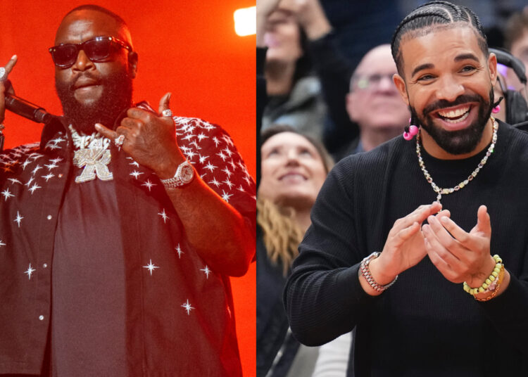 Rick Ross performing on stage in a star-patterned shirt, and Drake smiling and clapping at a sports event.