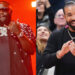 Rick Ross performing on stage in a star-patterned shirt, and Drake smiling and clapping at a sports event.