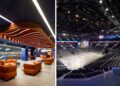 Collage of Roig Arena lounge space and the seating bowl