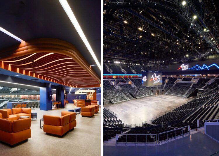 Collage of Roig Arena lounge space and the seating bowl