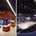 Collage of Roig Arena lounge space and the seating bowl