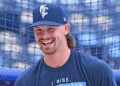 Aug 29, 2025; Kansas City, Missouri, USA; Kansas City Royals shortstop Bobby Witt Jr. (7) looks on during batting practice before game against the Detroit Tigers at Kauffman Stadium. Mandatory Credit: Peter Aiken-Imagn Images