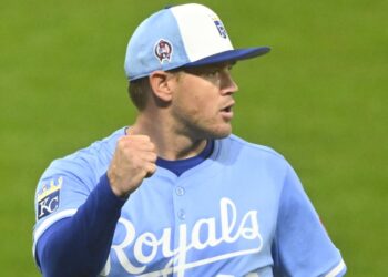 Sep 11, 2025; Cleveland, Ohio, USA; Kansas City Royals starting pitcher Stephen Kolek (32) celebrates a double play in the fifth inning against the Cleveland Guardians at Progressive Field. Mandatory Credit: David Richard-Imagn Images