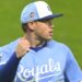 Sep 11, 2025; Cleveland, Ohio, USA; Kansas City Royals starting pitcher Stephen Kolek (32) celebrates a double play in the fifth inning against the Cleveland Guardians at Progressive Field. Mandatory Credit: David Richard-Imagn Images