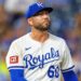 Aug 20, 2025; Kansas City, Missouri, USA; Kansas City Royals pitcher Lucas Erceg (60) reacts to a play during the seventh inning against the Texas Rangers at Kauffman Stadium. Mandatory Credit: William Purnell-Imagn Images