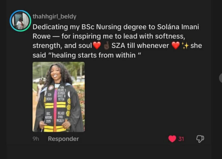 A screengrab from SZA's Instagram Story congratulating a fan.