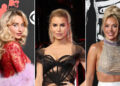 Sabrina Carpenter wears sheer red dress, Jessica Simpson sports see-through black gown, Megan Moroney rocks a sparkling crop top.