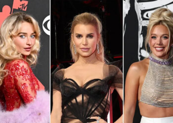 Sabrina Carpenter wears sheer red dress, Jessica Simpson sports see-through black gown, Megan Moroney rocks a sparkling crop top.