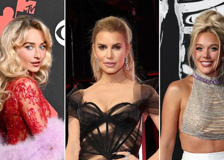 Sabrina Carpenter wears sheer red dress, Jessica Simpson sports see-through black gown, Megan Moroney rocks a sparkling crop top.