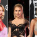 Sabrina Carpenter wears sheer red dress, Jessica Simpson sports see-through black gown, Megan Moroney rocks a sparkling crop top.