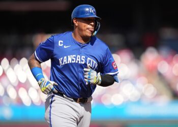 Sep 14, 2025; Philadelphia, Pennsylvania, USA; Kansas City Royals catcher Salvador Perez (13) rounds the bases after hitting a three-run home run against the Philadelphia Phillies in the sixth inning at Citizens Bank Park. Mandatory Credit: Kyle Ross-Imagn Images