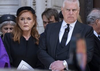 Prince Andrew, Duke of York and Sarah, Duchess of York alongside other Royal Family members at the funeral for the Duchess of Kent at Westminster Cathedral on September 16