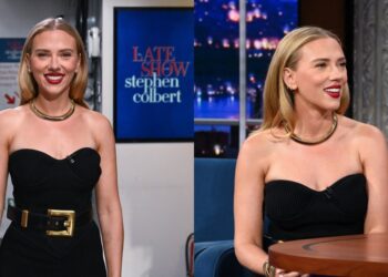 Scarlett Johansson Styles Statement Belt in Balmain on Stephen Colbert
