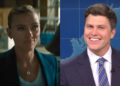 Scarlet Johansson half smiling in Jurassic World Rebirth and Colin Jost on Weekend Update (side by side) .