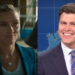 Scarlet Johansson half smiling in Jurassic World Rebirth and Colin Jost on Weekend Update (side by side) .