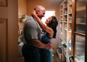 This image released by A24 shows Emily Blunt, right, and Dwayne Johnson in a scene from "The Smashing Machine." (A24 via AP) (Associated Press)