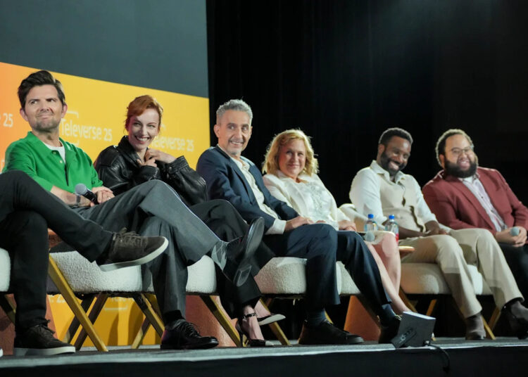 From left to right: Adam Scott, Britt Lower, John Turturro, Patricia Arquette, Tramell Tillman and Zach Cherry
