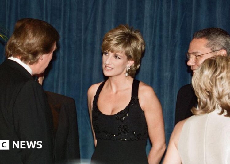 Diana, Princess of Wales attends the United Cerebral Palsy's 1995 Humanitarian Dinner at the Hilton in New York City. UCP/NYC was the first charity in America to honour Princess Diana when she won the Humanitarian of the Year Award. The Princess talks to Donald Trump. 11th December 1995.
