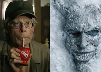 Side by side: Stephen King drinking juice in IT: Chapter 2; The Grabber's frozen mask in Black Phone 2 poster.