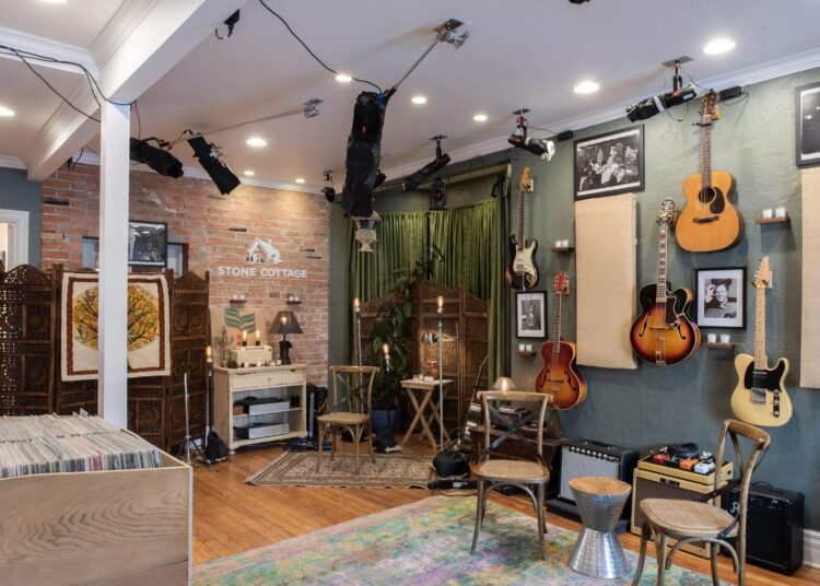 a room with guitars on the wall