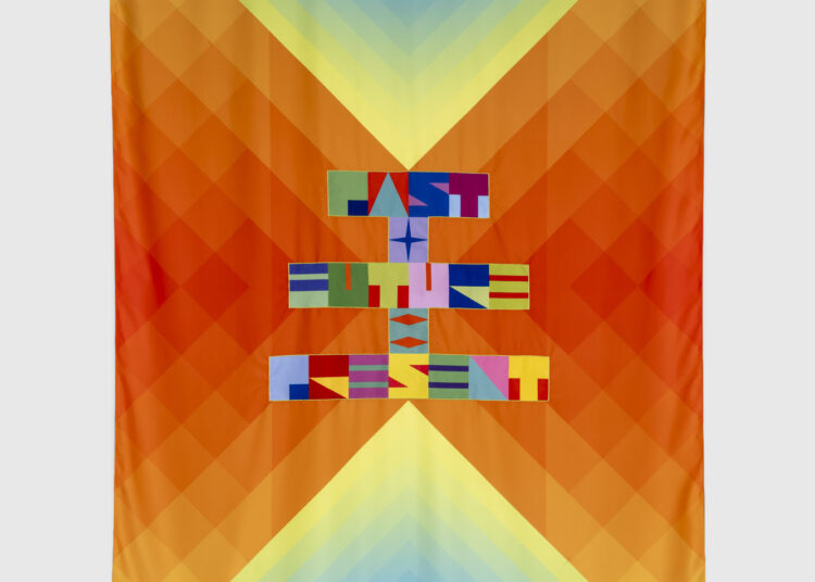 Jeffrey Gibson's "Past + Future = Present" Artwork featuring multi-colored geometric shapes and a designed alphabet spelling out the title of the work.