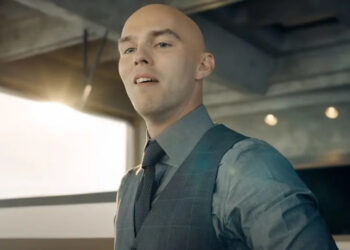 Lex Luthor (Nicholas Hoult) watches the Man of Steel fight in Superman.