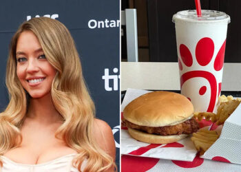 A split of Sydney Sweeney at TIFF and a Chik-fil-A meal.