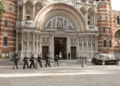 A bearer party of the Royal Dragoon Guards marches towards the Royal Hearse at Westminster Cathedral for the reception of the coffin of the Duchess of Kent