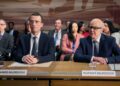 Steve Pemberton as Rupert Murdoch and Jordan Renzo as James Murdoch in The Hack
