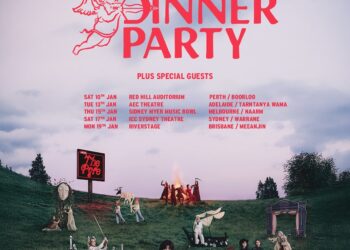 Each of The Last Dinner Party members are in different tableaus on a grassy hill with red text above them
