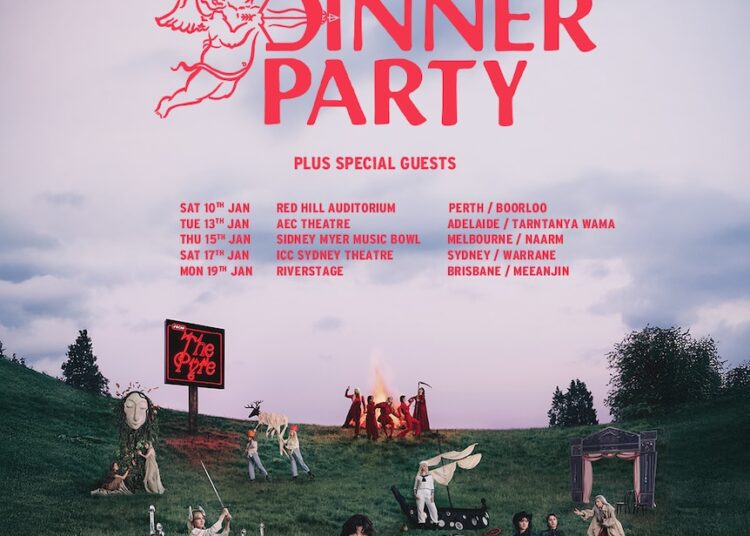 Each of The Last Dinner Party members are in different tableaus on a grassy hill with red text above them