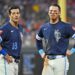 Aug 29, 2025; Kansas City, Missouri, USA; Kansas City Royals shortstop Bobby Witt Jr. (7) and right fielder Mike Yastrzemski (18) look on at the end of the second inning against the Detroit Tigers at Kauffman Stadium. Mandatory Credit: Peter Aiken-Imagn Images