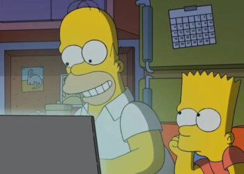Homer smiling at laptop screen while Bart is bored in The Simpsons.