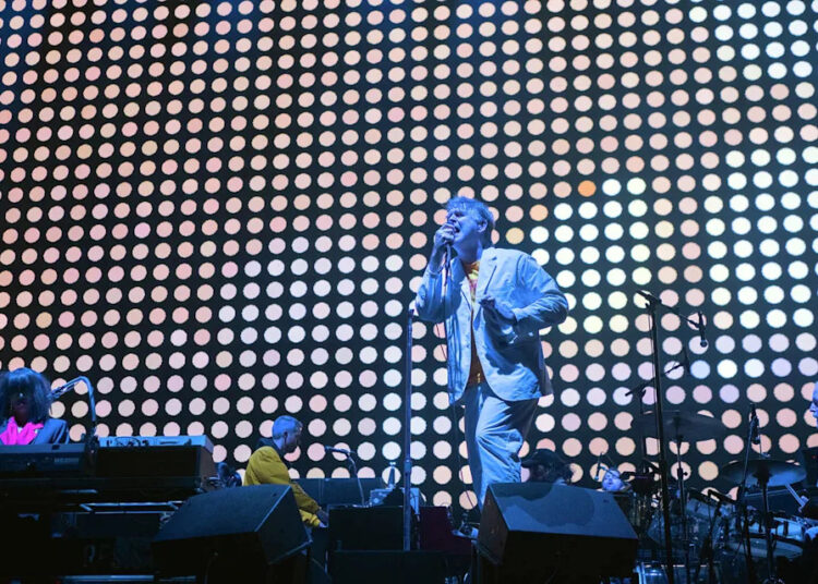 LCD Soundsystem performs the headlining set on the Pier Stage at the Portola Music Festival on Saturday Sept. 20, 2025. (Charles Russo/SFGATE)