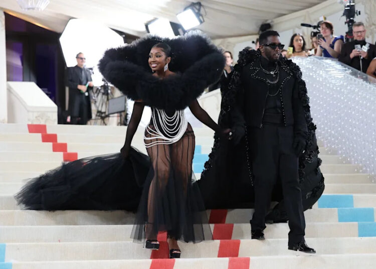 Yung Miami and Sean Diddy Combs pose at the Met Gala, an annual fundraising gala held for the benefit of the Metropolitan Museum of Art's Costume Institute with this year's theme "Karl Lagerfeld: A Line of Beauty," in New York City, May 1, 2023.