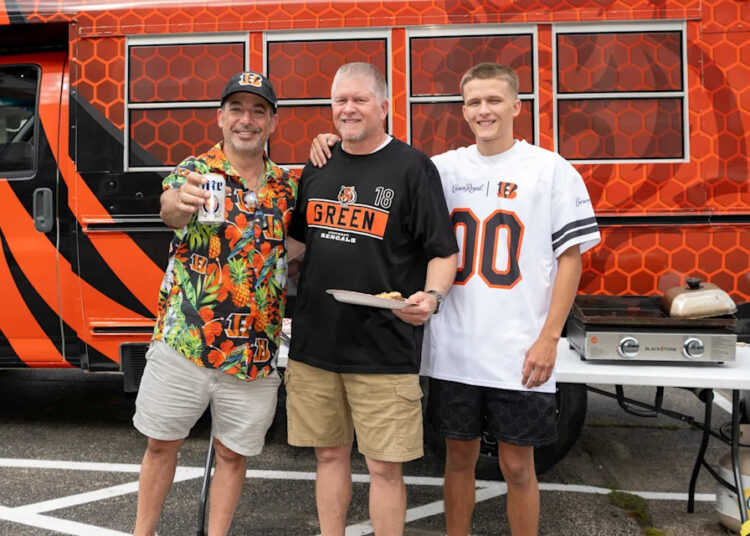 Blake Maislin, Todd Little and Brady Little tailgate before the Cincinnati Bengals preseason game against the Indianapolis Colts.